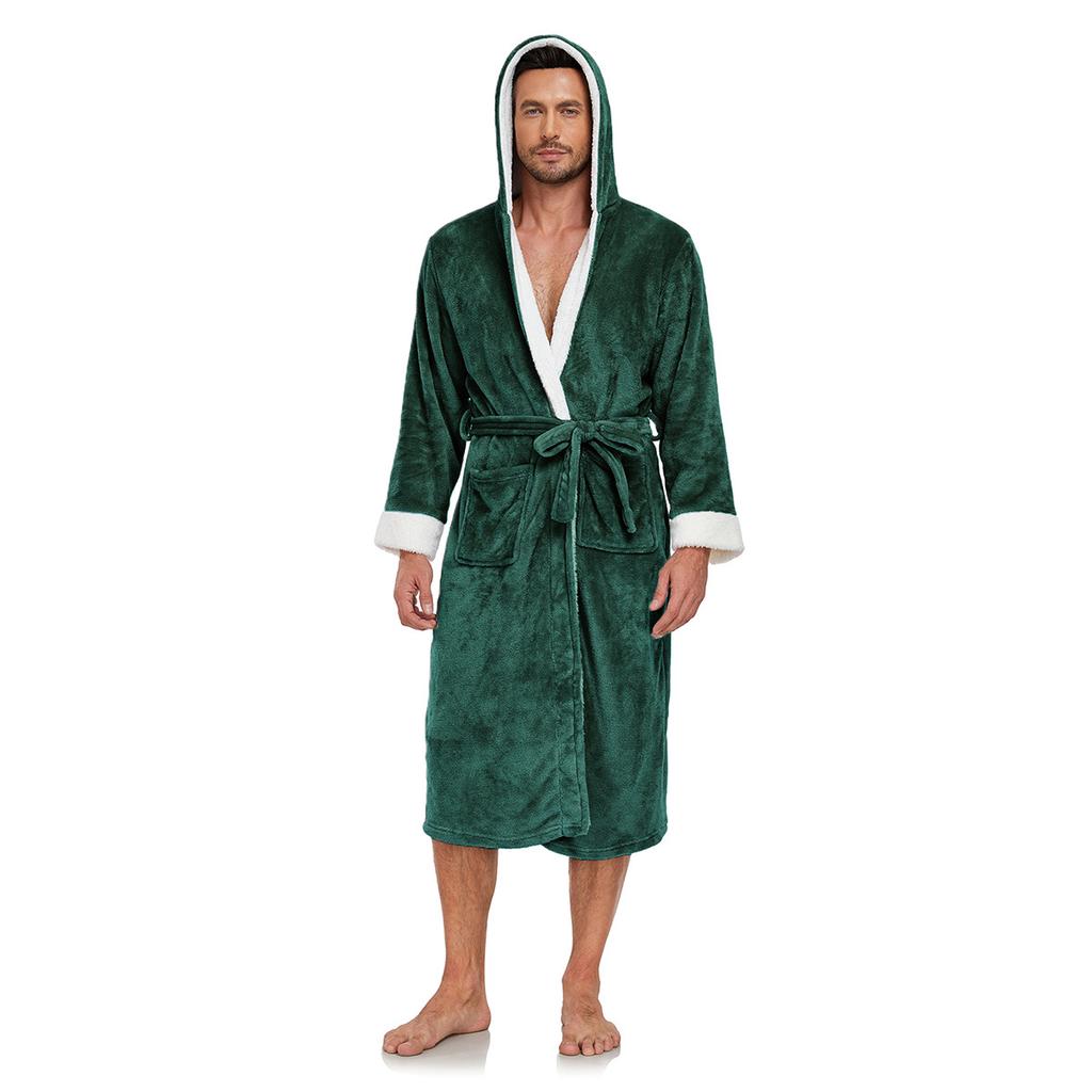 Hooded Robes for Men Full Length Spa Bathrobes Soft House Sleepwear Coat with Hood and Pockets Men's Winter Warm Plush Fleece Robe Hooded Fluffy Robes