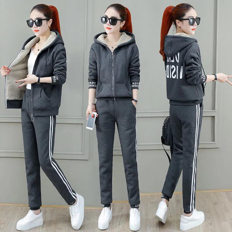 Lamb Fleece Sweater Suit Women's Autumn and Winter Casual Plus Velvet Thickened Sportswear Winter Two-piece Women's Clothing