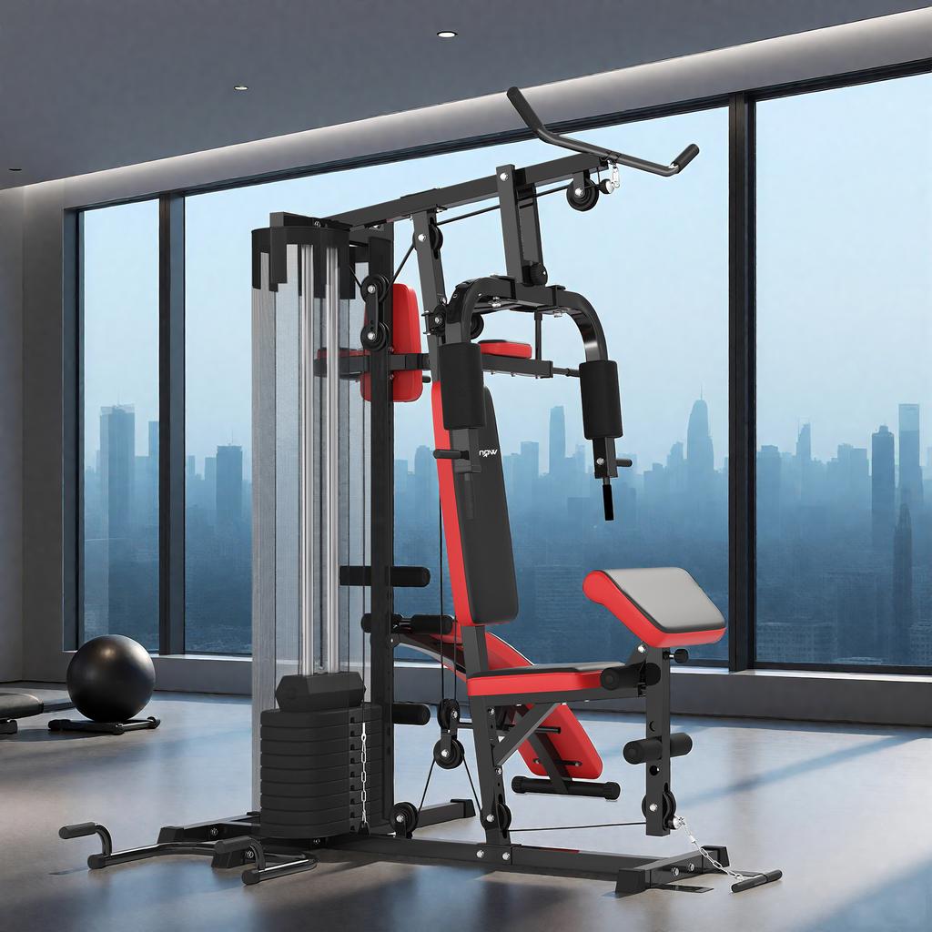 Multi Gym Workout Station, Weight Machine with 65kg Weight Stack, Sit Up Bench, Push Up Stand, Dip Station