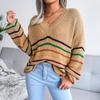 Fall Winter Women Rainbow V Neck Long Sleeve Striped Loose Sweater S-L