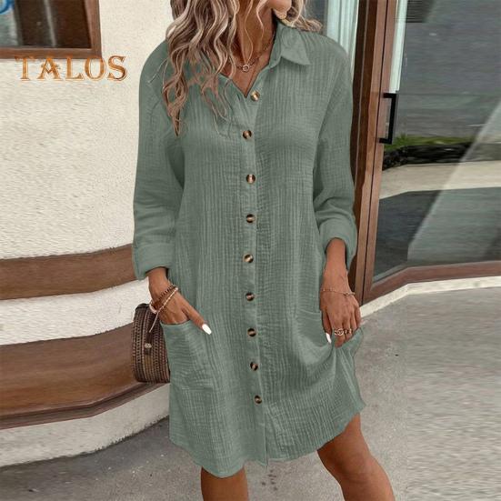 Платье женское осень-весна с отложным воротником, свободные длинные рукава, однобортное, однотонное, рубашечного типа, OL, миди-платье для поездок на работу
