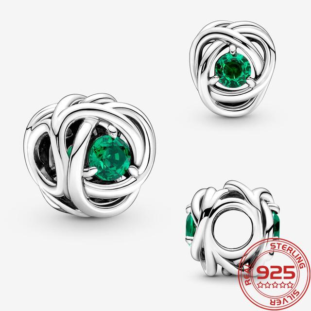 Fine 925 Silver October Pink Birthstone Eternity Circle Charm Fit Fashion Bracelet Silver Charm Necklace Girls Gifts DIY Jewelry