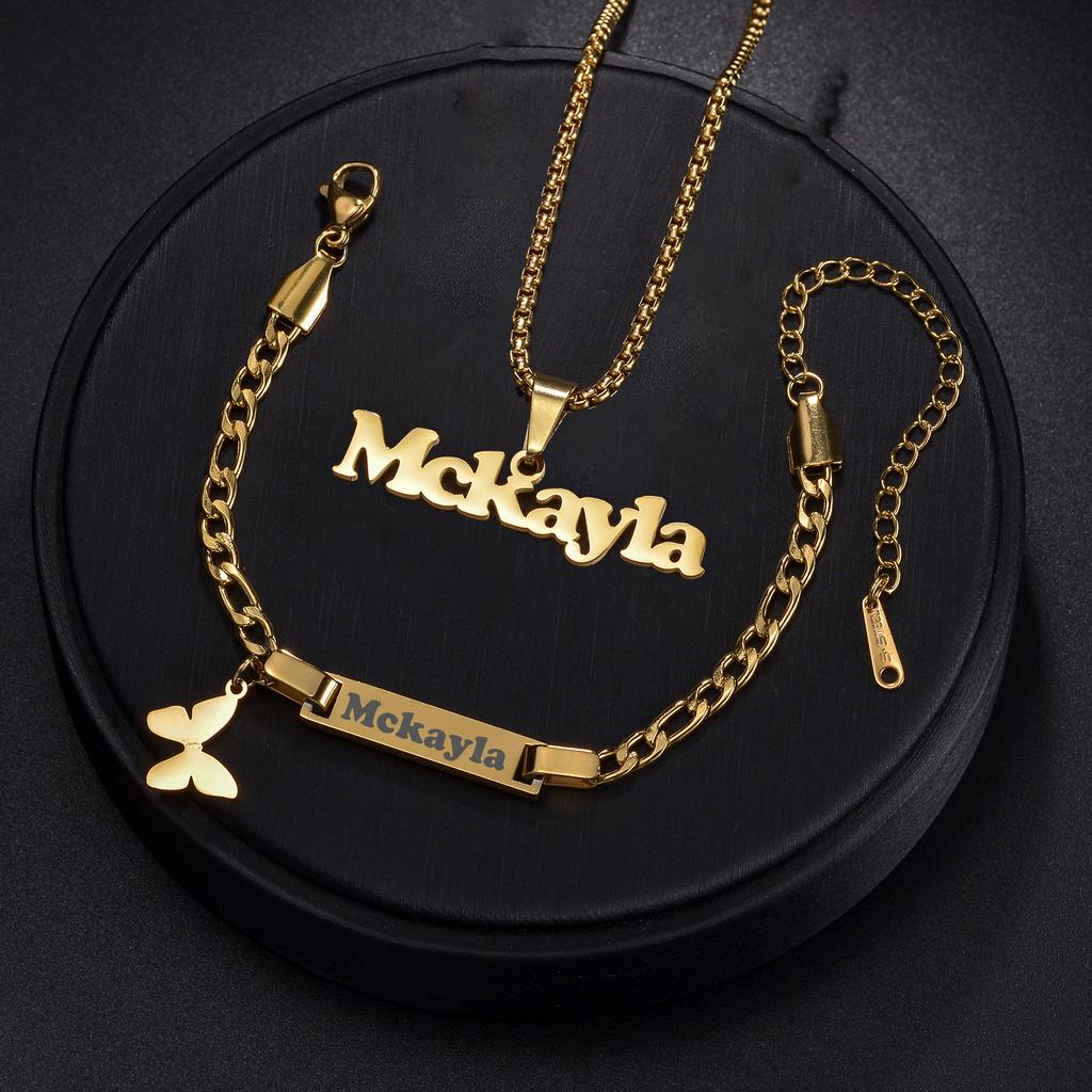 Atoztide Personalized Custom Names Necklace Bracelet Jewelry Set For Kids Stainless Steel Figaro Chain Crown Heart Birthday Gift