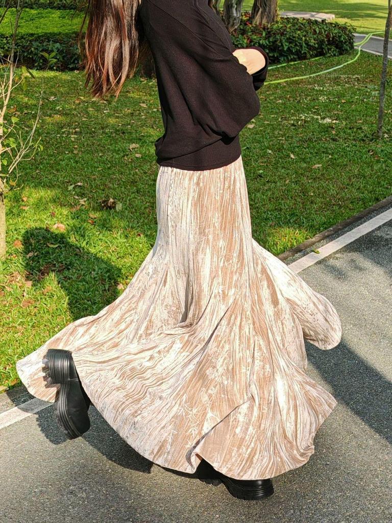 Элегантная темно-фиолетовая бархатная юбка-русалка с высокой талией - Стройнящий осенне-зимний стиль с широким подолом