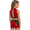 Girls Rhinestones Crop Top Mock Neck Sleeveless Metallic Color Block Shorts Dance Gymnastics Outfit