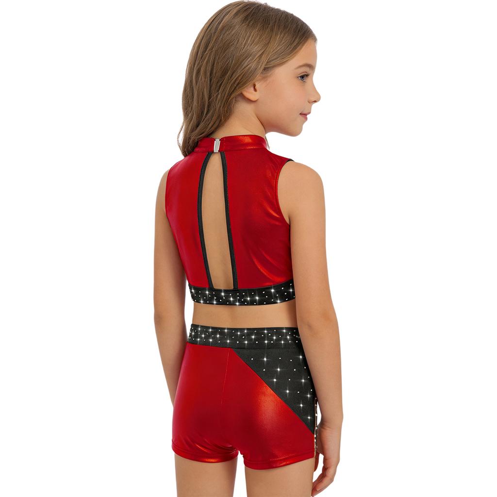 Girls Rhinestones Crop Top Mock Neck Sleeveless Metallic Color Block Shorts Dance Gymnastics Outfit