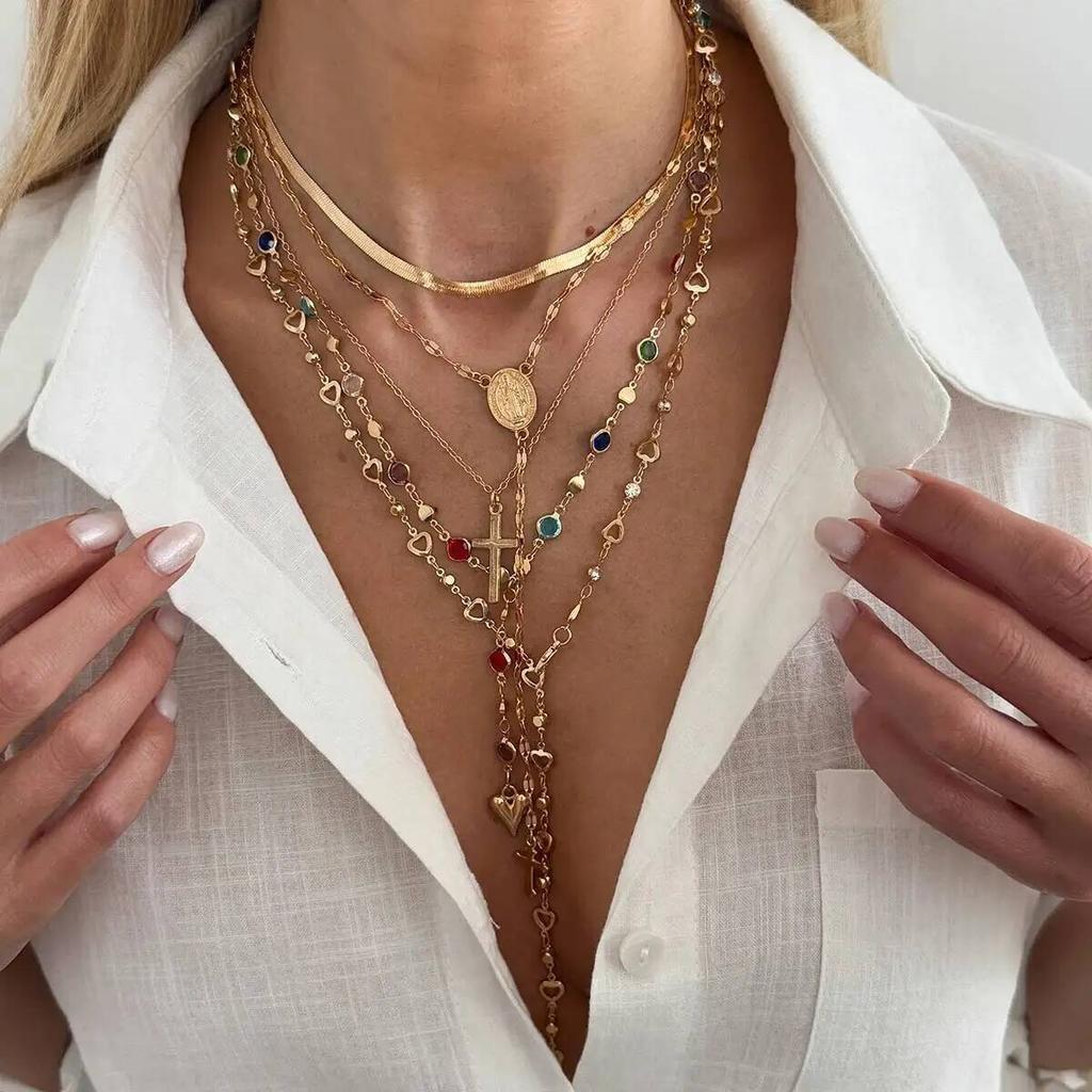 SHIXIN 5Pcs/Set Fashion Y-Shaped Colorful Crystal Clavicle Chain Women Boho Exquisite Gold Color Cross Pendant Necklace Jewelry
