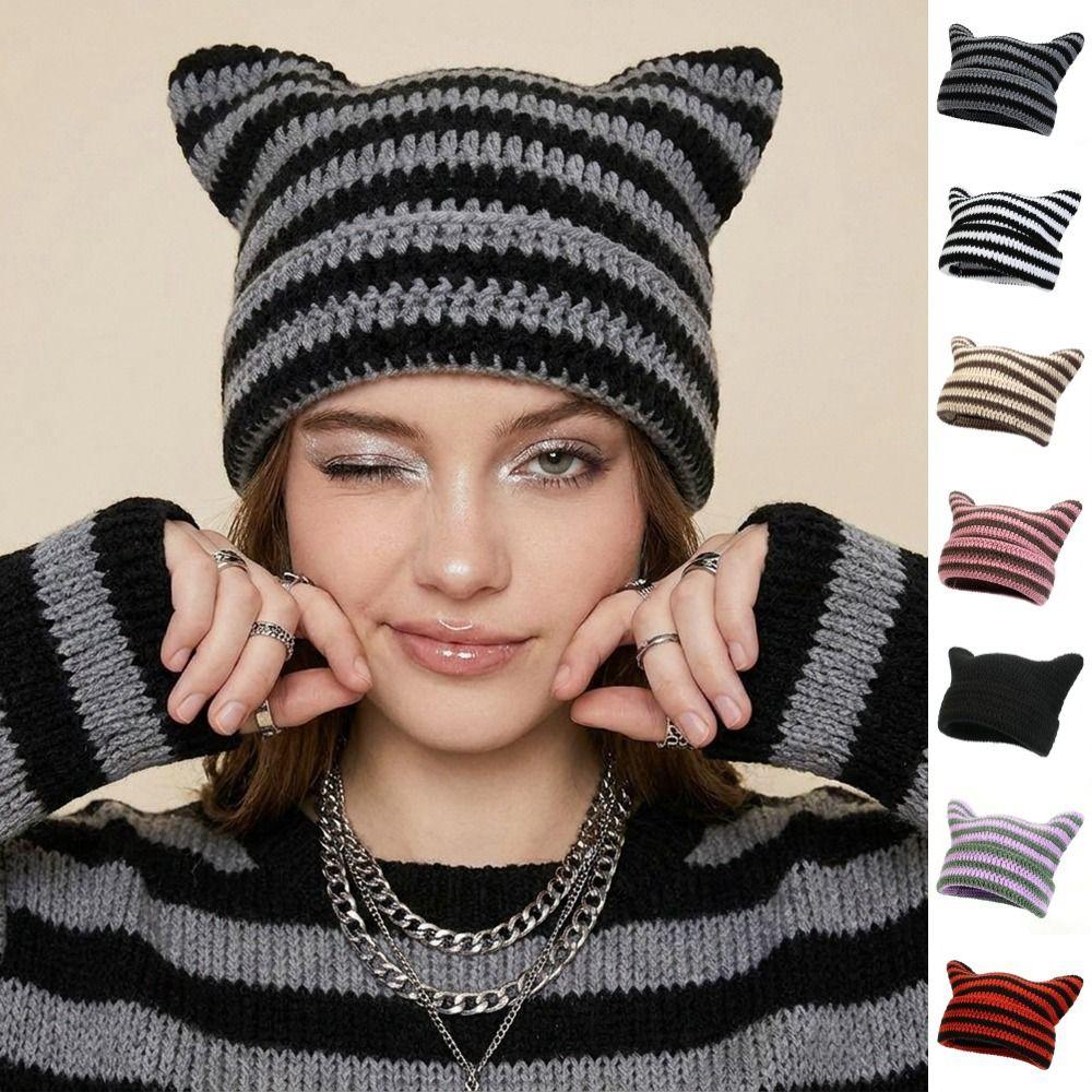 Warm Stripe Knitted Hat Cute Little Devil Cap Fashion Cat Ears Beanie Hats Girls