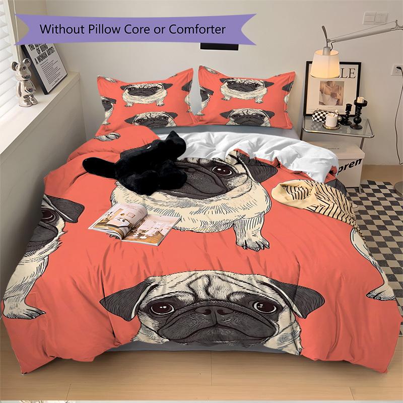 3 шт. Комплект постельного белья с принтом «Мопс», Дышащий и мягкий, Машинная стирка, Рождественский подарок, Подходит для декора спальни, 15152