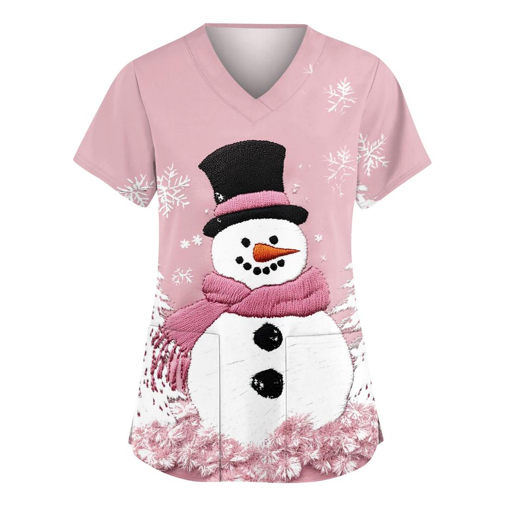 Женский модный рабочий топ с V-образным вырезом, рождественским принтом, короткими рукавами, карманом, боковым разрезом, базовый пуловер