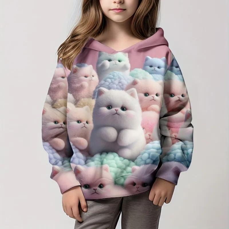 Толстовка с капюшоном для девочек с рисунком кота из мультфильма, детская одежда для девочек от 1 до 12 лет, удобная толстовка с длинным рукавом, детская одежда