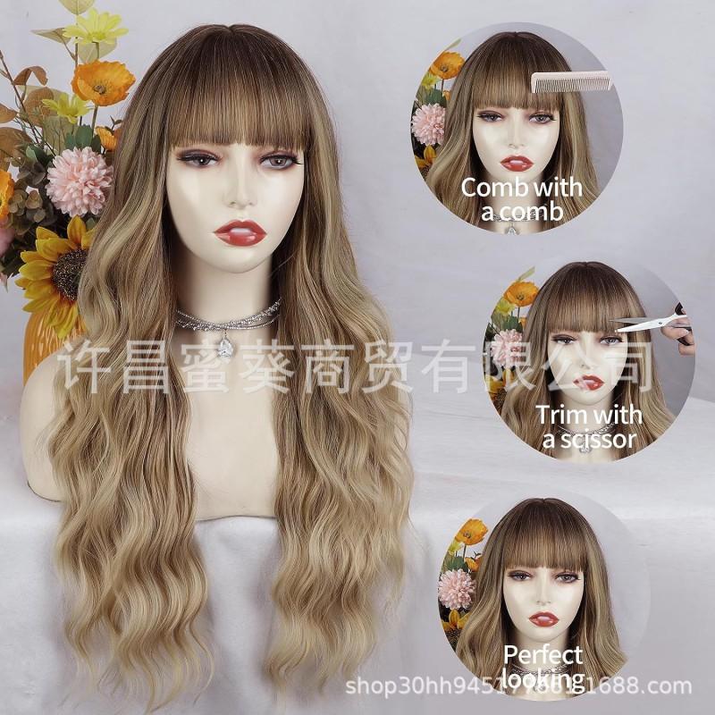 Synthetic Long Wavy Wig With Full Cap Bangs Natural Look Heat Resistant Hair Women