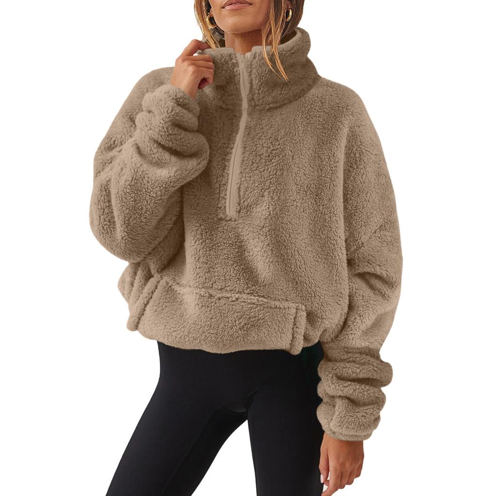 2025 Autumn Winter Women's Plush Fleece Half Zip Sweatshirt, Stand Collar Jacket with Pockets, Cozy Sherpa Lined Casual Top for Cold Weather