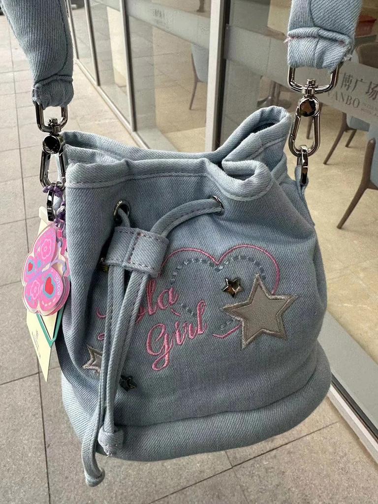 Niche Design Casual Fashion Backpack Denim Bucket Bag Student Universal Drawstring Schoolbag