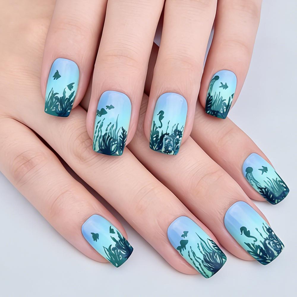 Spring-Summer Gradient Seaweed Blue-Green Square Nail Art Set - 24 Detachable Pieces