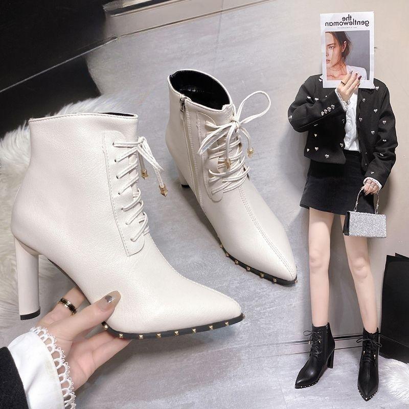 34-42 Large Size Women's Shoes Short Martin Boots Women's Spring and Autumn New Fashion Versatile Pointed Short Boots Coarse Heel High Heels