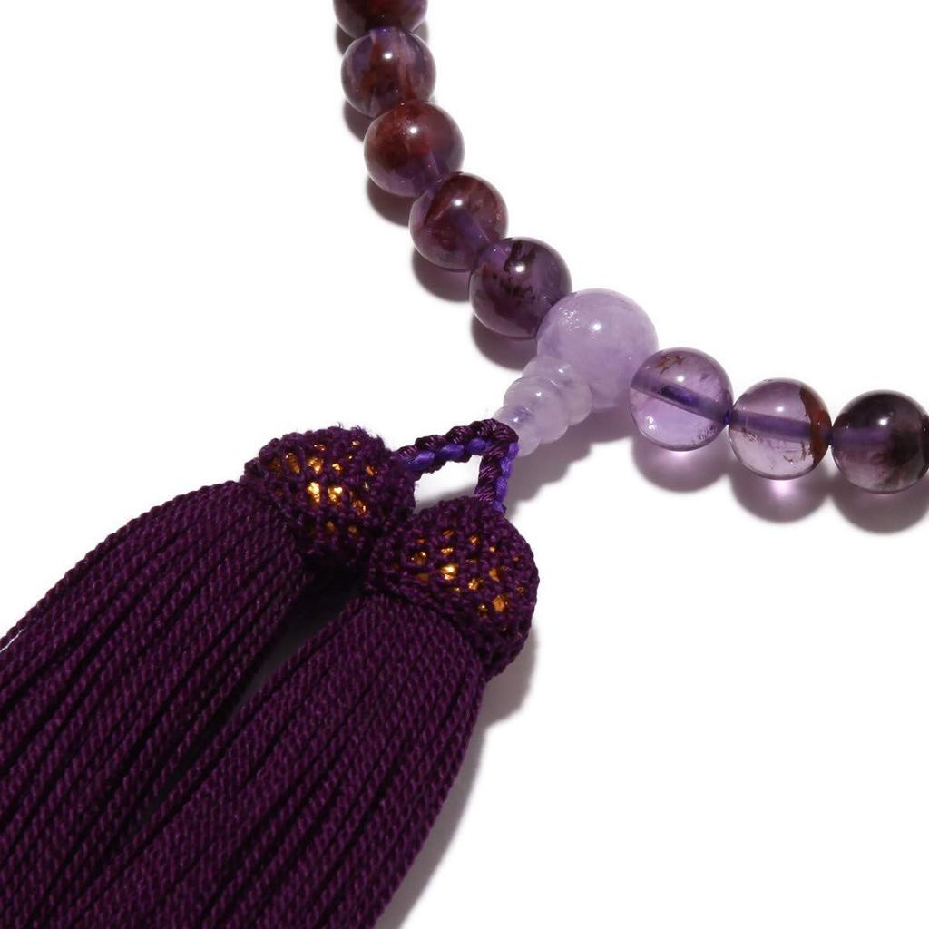 Четки из натурального камня, произведенные в Японии. Корневой аметист с камнем Фудзигумо. Кисточка из чистого шелка. Цвет старинный. Сделано в Японии. В комплекте с мешочком для четок.