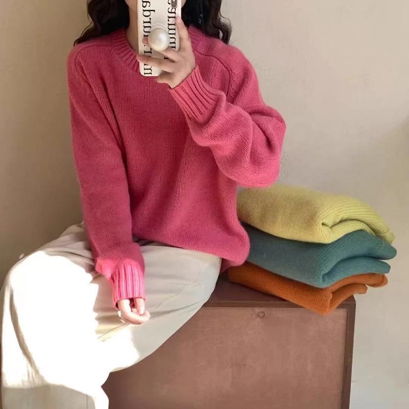 Ретро Ленивый Стиль Однотонный Свитер с Круглым Вырезом Женский Осень Зима Свободный Пуловер Вязаный Топ