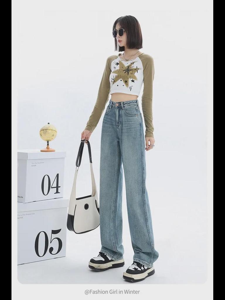 Women's Plush Wide-Leg High-Waist Warm Jeans for Autumn/Winter - Thick, Slim, Loose-Fit Long Pants.