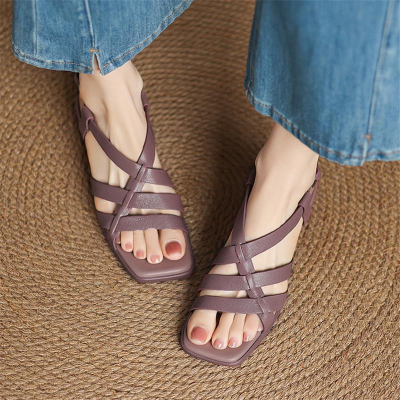 Fashion New Summer Sandals Genuine Leather Women Shoes Square Toe Sandals for Women Fashion Roman Sandals Shoes Chunky Heels Purple;
