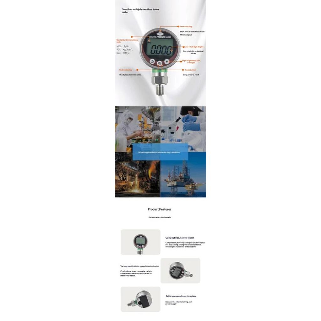 High Precision Digital Pressure Gauge Electronic Manometer for Air Water Oil Hydraulic Fluids with LCD Display