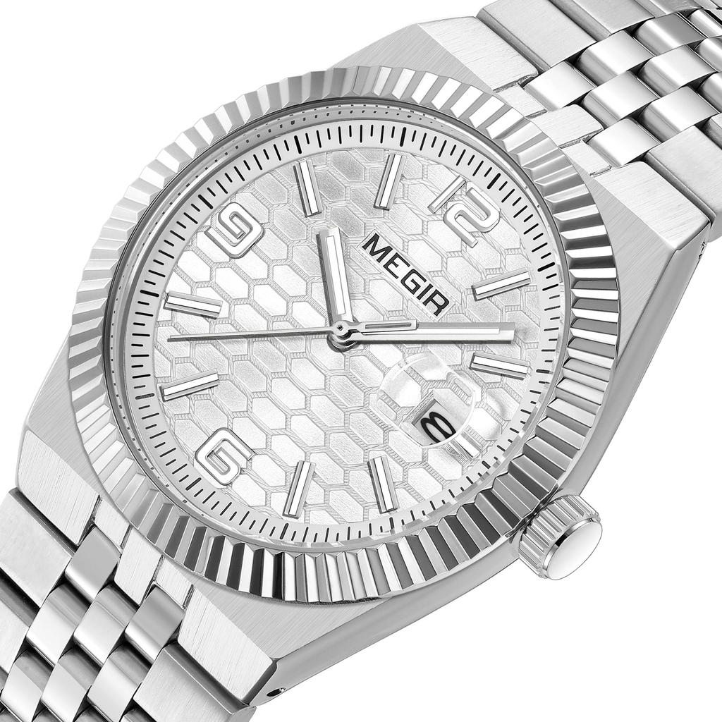 Megir Часы мужские наручные с большим циферблатом, деловые, для отдыха, из нержавеющей стали, водонепроницаемые, люминесцентные, с автодатой, подарок для мужчин, Reloj Hombre 1101