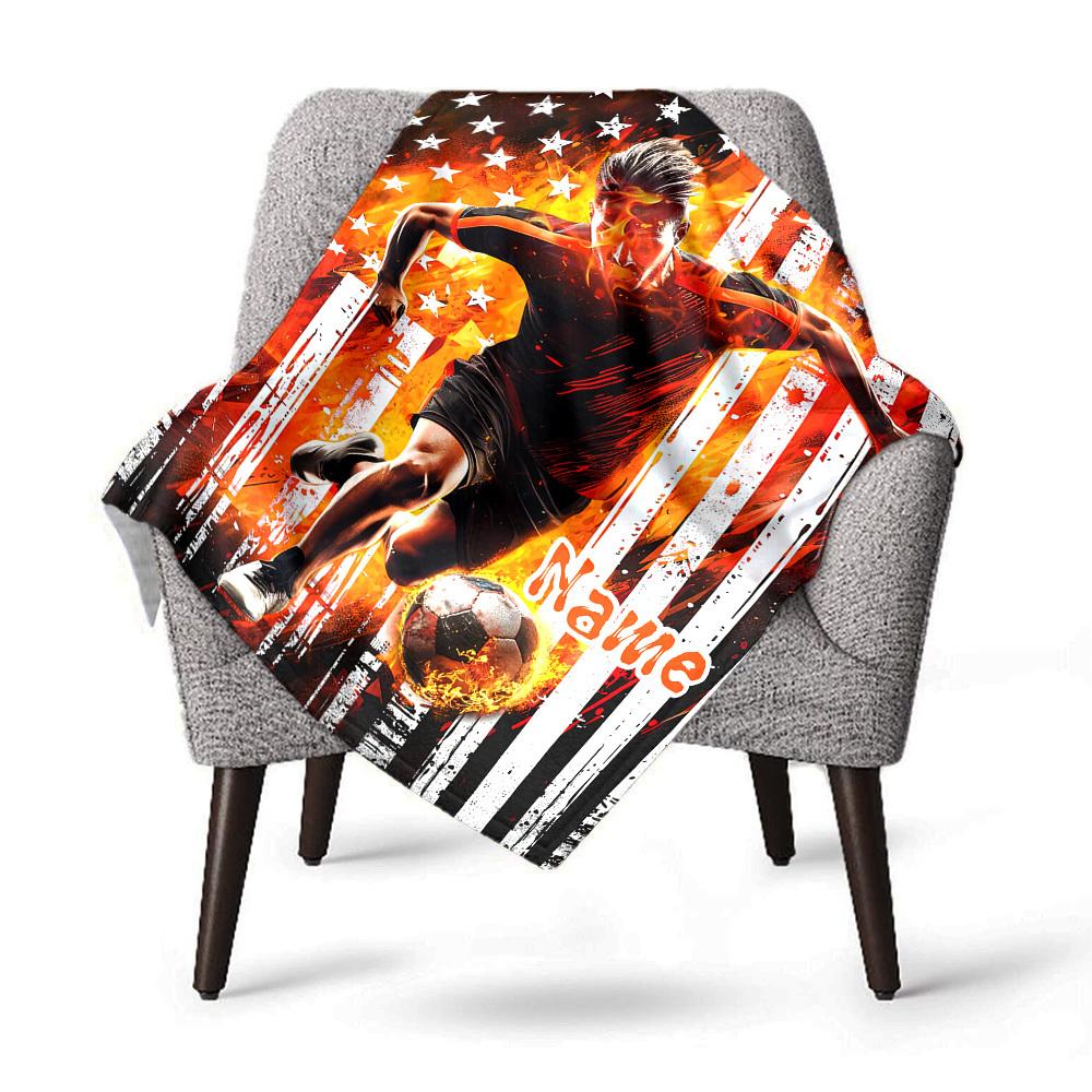 Soccer Player With Flaming Ball Home Customize Your Name Blankets Comfortable Soft Lightweight Multiseason Blanket For Picnics Sofas Offices Beds