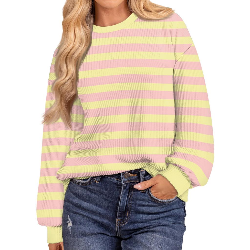 Женские повседневные свободные туники, топы с круглым вырезом, трикотажные ребристые рубашки с принтом, длинный рукав, пуловер, топ