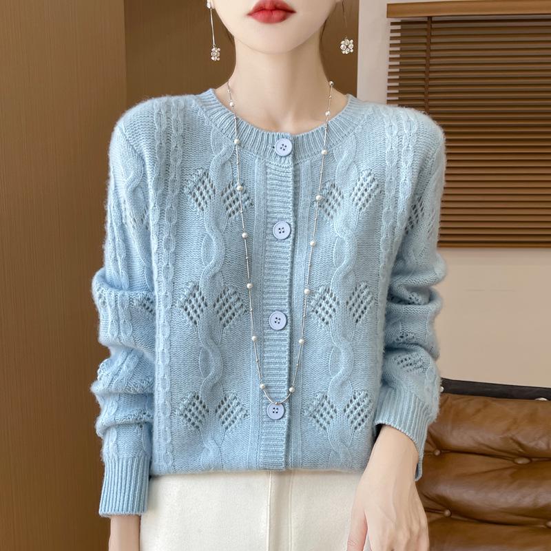 Женский толстый вязаный кардиган из шерсти - Однотонный, с ажурным crochet-дизайном, с круглым вырезом для осени и зимы