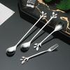 Golden Silver Water Cup Stirring Spoons Leaf Shape Dessert Spoon Fork Fruit Scraping Spoon Fork