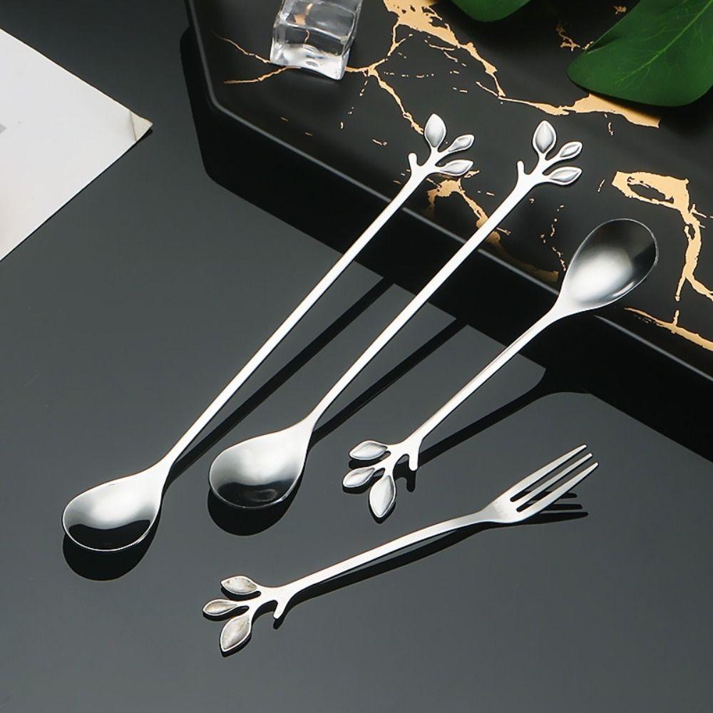 Golden Silver Water Cup Stirring Spoons Leaf Shape Dessert Spoon Fork Fruit Scraping Spoon Fork