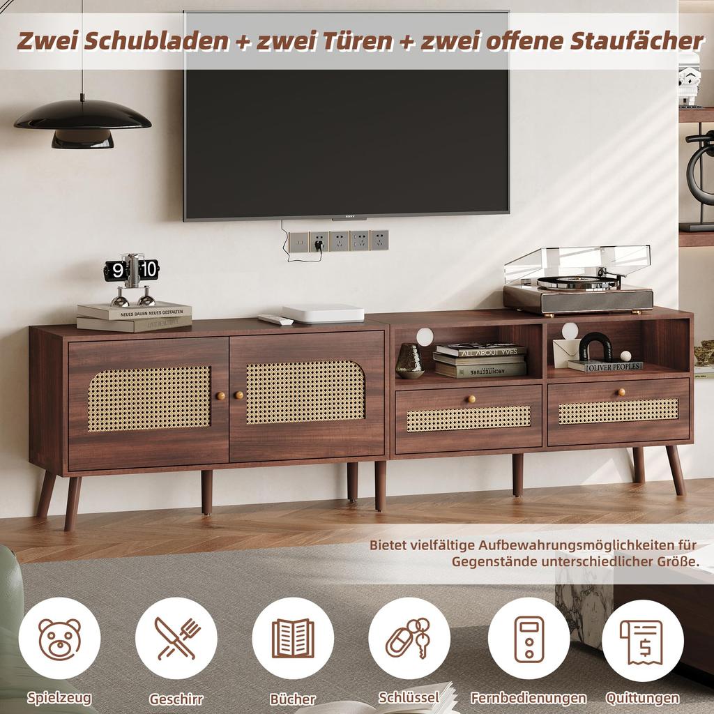 TV Ständer, Lowboard TV Board 2 2 Schublade, Offene Staufächer, TV-Schrank Landhausstil Sideboard, Wohnzimmer Esszimmer, 200cm, Braun