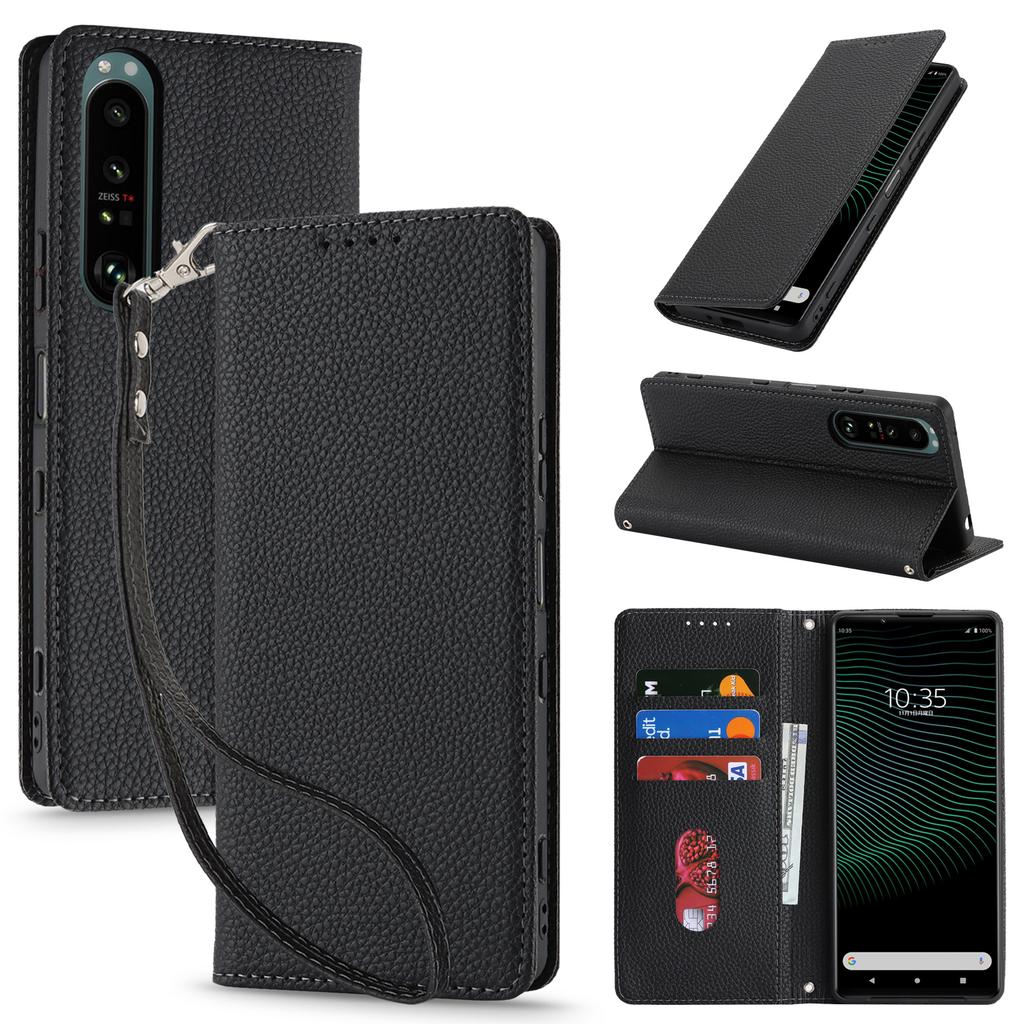 For Sony Xperia 1 IV 5G Case Stand Wallet Litchi Texture Leather Flip Phone Cover with Strap