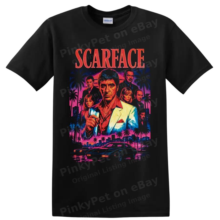 Scarface Tony Montana Elvira Hancock Miami Neon Movie T Shirt Graphic Tee Retro