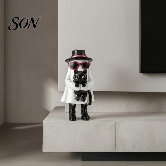 Black Cat Hugging Ghost Funny Halloween Figurine with Cat, Resin Statue Sunglasses & Top Hat, Retro Ornament for Home Tabletop Bookshelf