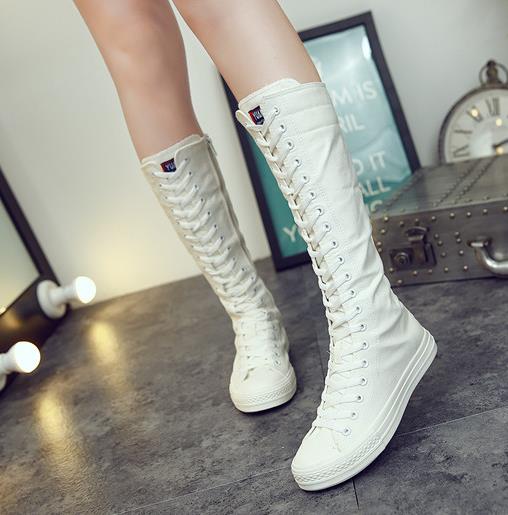 Fashion New Fashion 3Colors Women's Canvas Boots Lace Zipper Knee High Boots Boots Flat Shoes Casual High Help Punk Shoes Girls