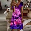 Summer Fashion Women's V Neck Short Sleeve Purple Rose Printed Dress Sex Dress
