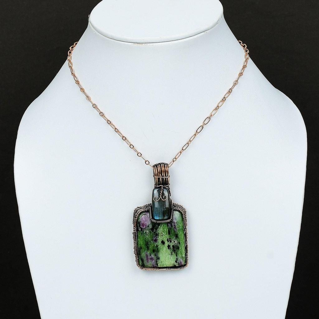 Ruby Zoisite Pendant Copper Wire Wrapped Pendant Handmade Unique Pendant Labradorite Gemstone Pendant Copper Wire Wrap Jewelry Gift For Wife