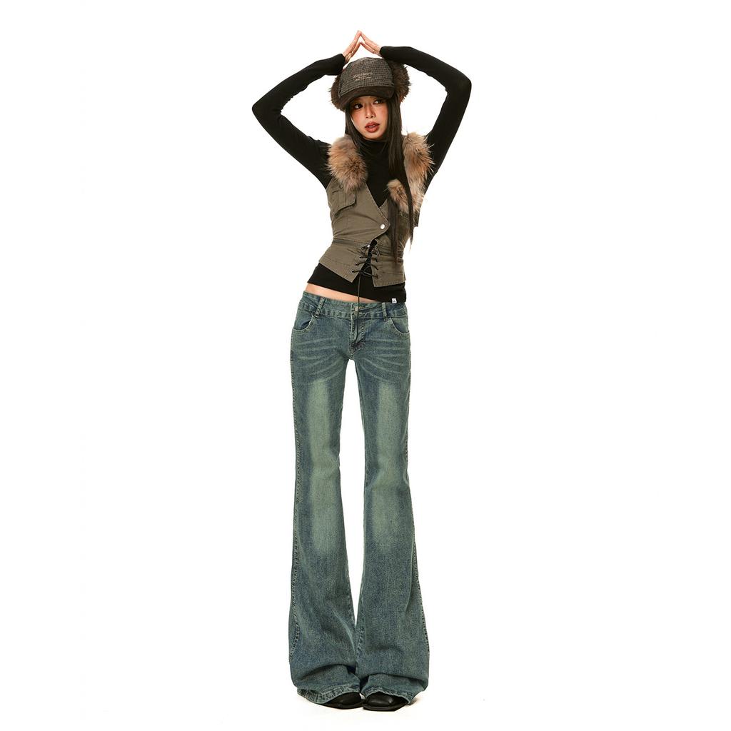 American washed old low-rise jeans women's spring new Spice Girl slim-fit elastic thin flared pants