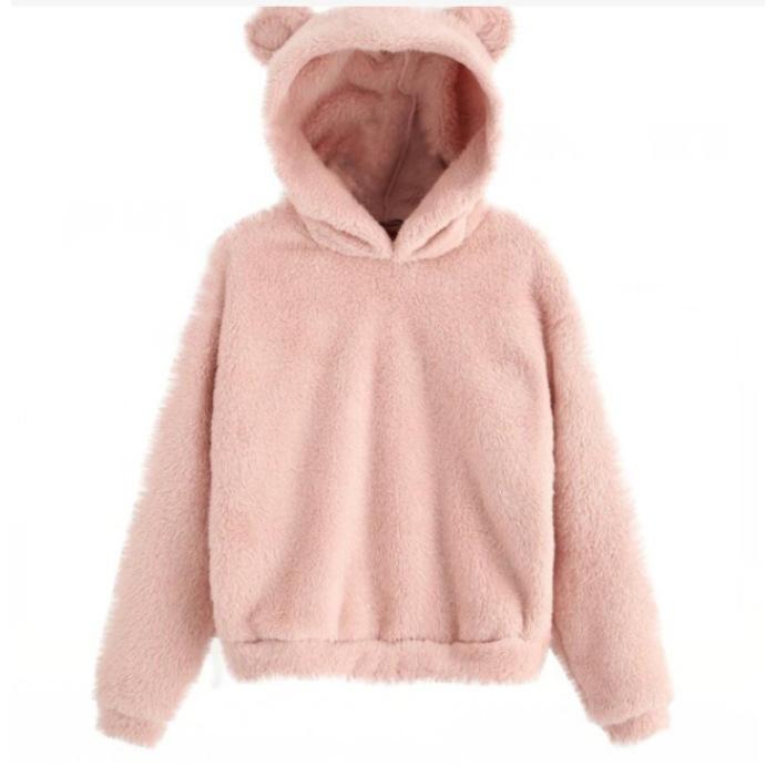 Женский весенне-осенний и зимний пушистый худи с капюшоном и ушками кролика и медведя, теплый пуловер однотонного цвета