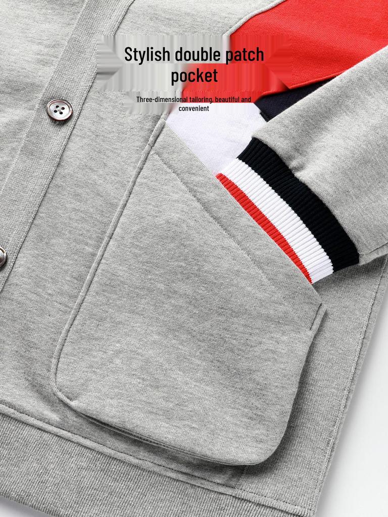 Хлопковый кардиган для весны и осени: Модная красно-бело-синяя куртка-пэчворк для пар (B05)