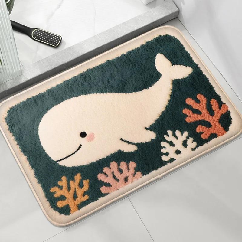 VIKAMA Adorable Cartoon Whale Pattern Bath Mat Soft and Comfortable Bathroom Mat Bathroom Decorative Mat Home Decoration
