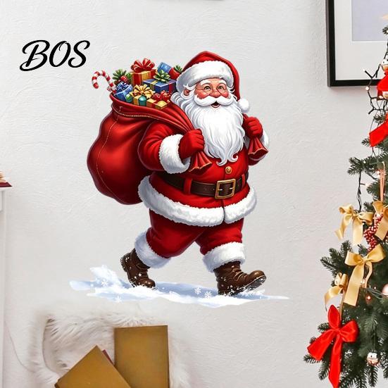 Waterproof Party Ornaments Christmas Wall Stickers, Cartoon Santa Claus Carrying Bag Decal, Peel And Stick Vivid Patterns Full of Gifts DIY Murals Art