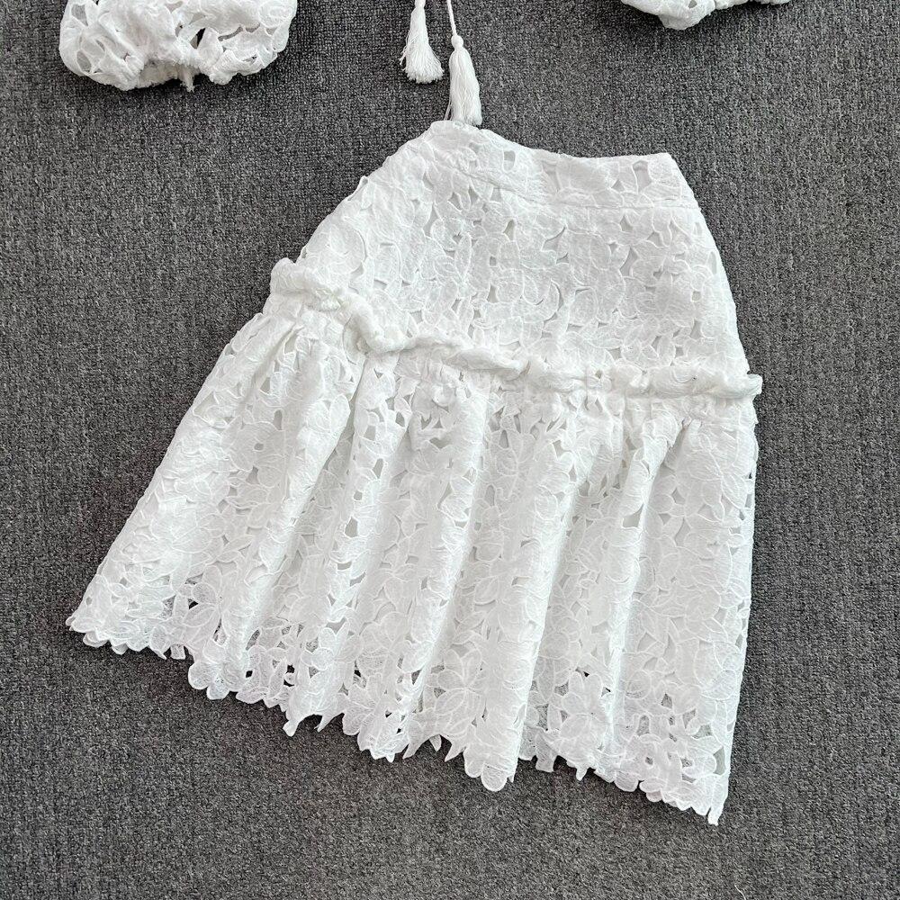 Короткая рубашка в стиле ретро с v-образным вырезом и полой вышивкой, рукавами-фонариками, женская цельная юбка трапециевидной формы с высокой талией, состоящая из двух частей