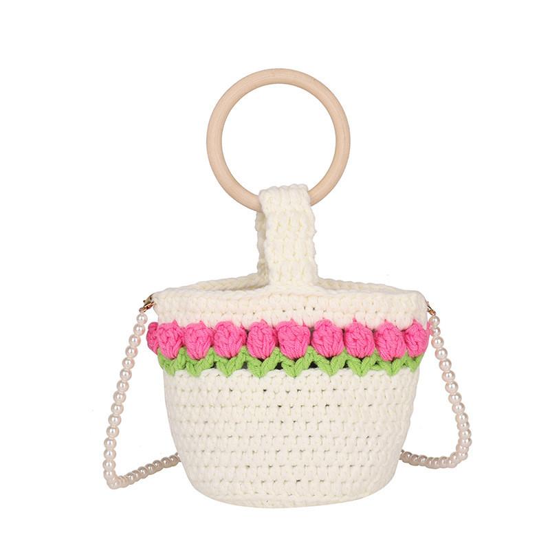 Handcrafted Knit Flower Small Pearl Handbag With Interior Pouch For Casual Outings