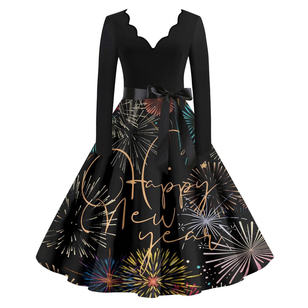 Женское повседневное модное платье винтажного стиля с V-образным вырезом и новогодним принтом