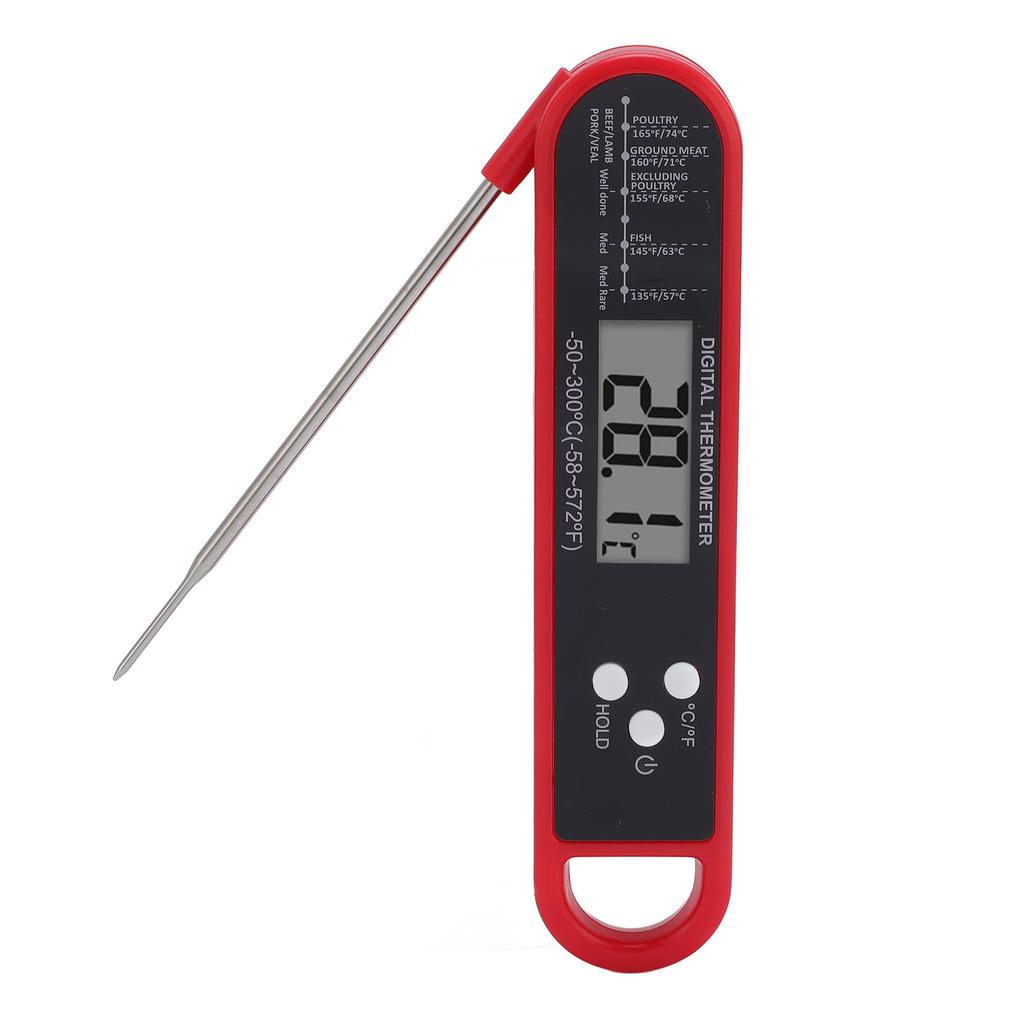 Red Folding Food Thermometer Long Probe Digital Meat Thermometer for Grilling and Baking