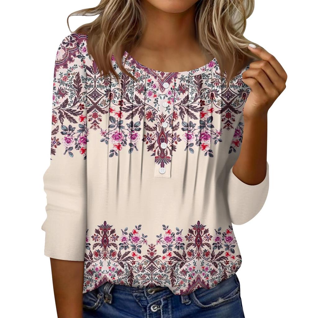 Women's Round Neck Pull Stripe Decorative Button Top Casual Solid Color 3/4 Sleeve T Shirt