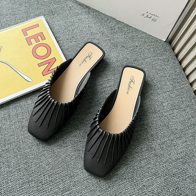 Folded Baotou Half-drag Women's Shoes Casual Versatile Low Heel - .CM Muller Shoes Square Head Four Seasons Shoes Women's Slippers