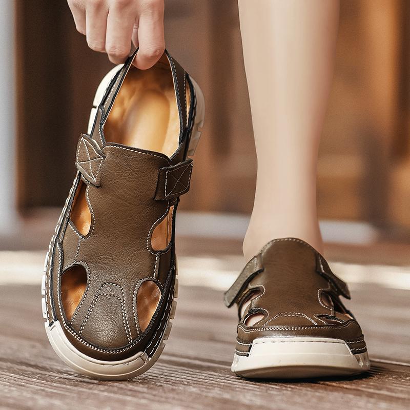 Fashion Men Leather Sandals Comfortable Outdoor Handmade Hollow Out Casual Loafers Summer Beach Walking Male Sneakers Men Beach Sandals